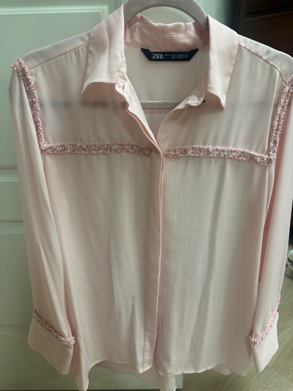 Zara Pale Pink Sheer Blouse with Trim